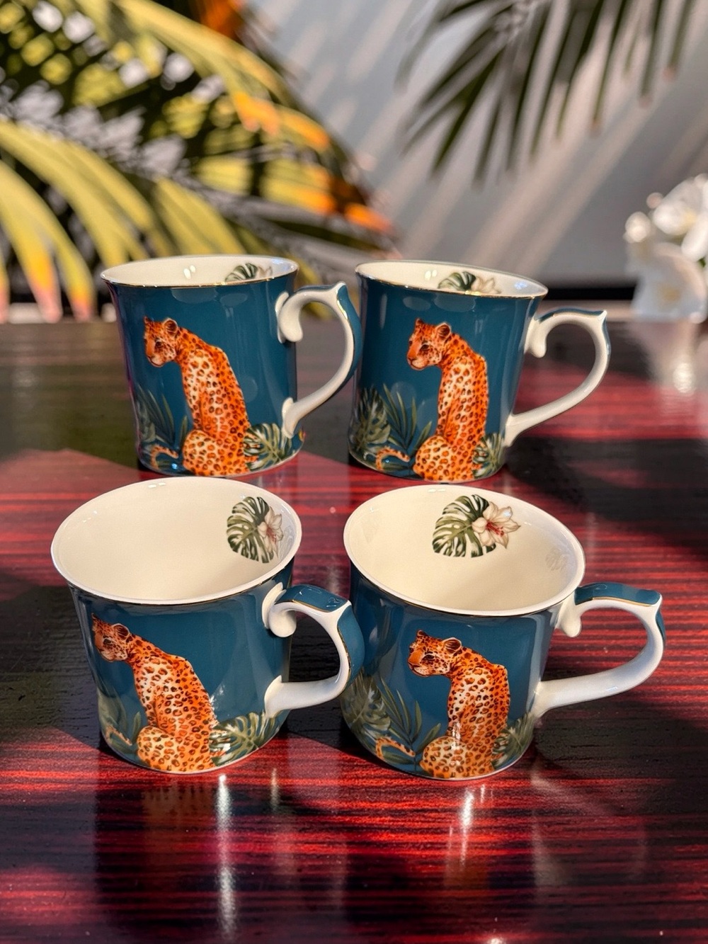 Grace Teaware NWT Teal Tropical Leopard Motif Fine Porcelain Mugs - Set of 4